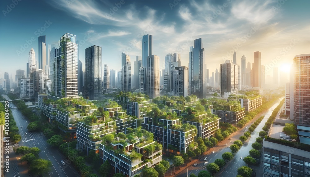 Fototapeta premium Modern urban skyline with greenery