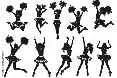 Flat cheerleader silhouettes collection, Flat design cheerleader silhouette set. Multiple images of cheerleaders dancing