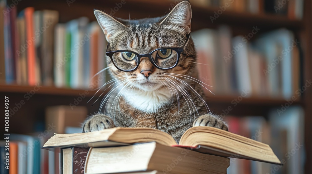 Cat wearing glasses reading a book, cozy library background Cat wearing glasses reading a book, cozy library background