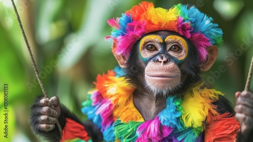 Colorful monkey in vibrant costume swinging in foliage.