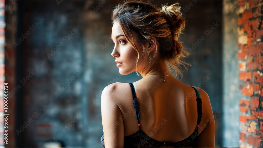 Back view of woman in lingerie bold yet tasteful color block design dynamic pose urban Back view of woman in lingerie bold yet tasteful color block design dynamic pose urban
