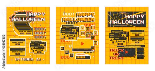 Set of Halloween posters in y2k style. Pop-up windows with inscriptions. Trick or treat, scary night, spook night, boo. Vector template of banner, post, cover