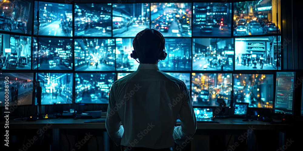 A Security Guard Monitors Multiple Screens Showing Live Footage of a City at Night, Ensuring Safety and Security A Security Guard Monitors Multiple Screens Showing Live Footage of a City at Night, Ensuring Safety and Security