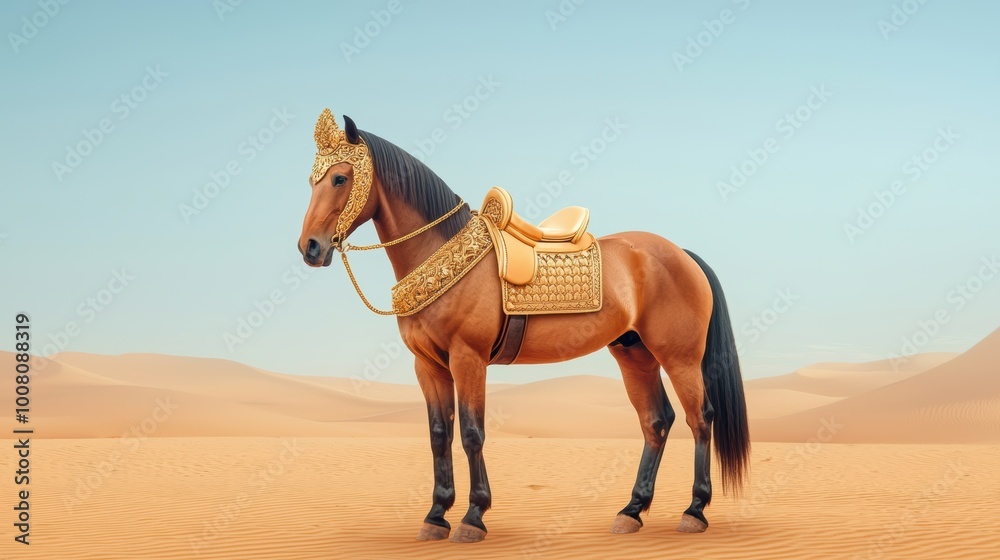Saddle horse standing elegantly in a desert landscape. Saddle horse standing elegantly in a desert landscape.