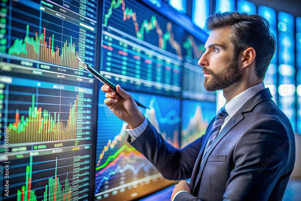 Fototapeta premium Professional trader analyzing stock market data on a large digital screen with colorful graphs. Focus on hand holding a pen while analyzing financial trends, emphasizing data-driven trading strategies