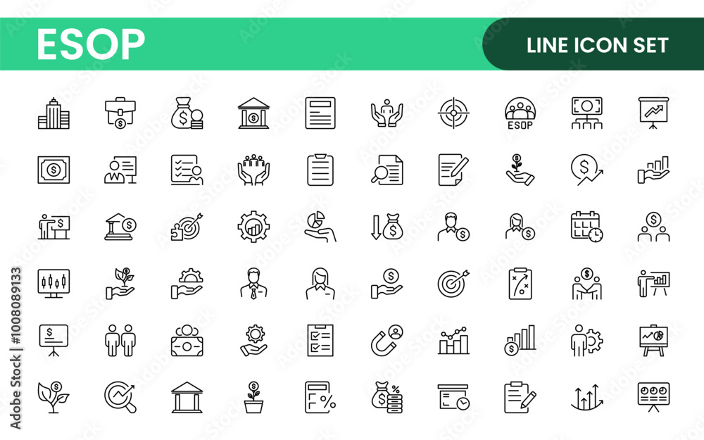 Outline icons about ESOP employee stock ownership plan. Contains such icons as company, win-win, scheme and benefits. Outline icons about ESOP employee stock ownership plan. Contains such icons as company, win-win, scheme and benefits.