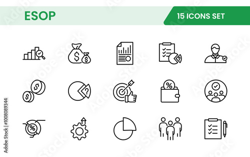 Outline icons about ESOP employee stock ownership plan. Contains such icons as company, win-win, scheme and benefits.