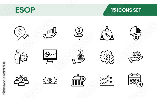 Outline icons about ESOP employee stock ownership plan. Contains such icons as company, win-win, scheme and benefits.