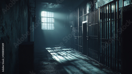A series of empty prison cells with dim lighting and shadows