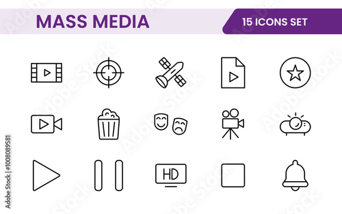 Mass media outline vector icons large set isolated on white background. media business concept. Media outline icons set.