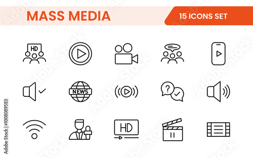 Mass media outline vector icons large set isolated on white background. media business concept. Media outline icons set.