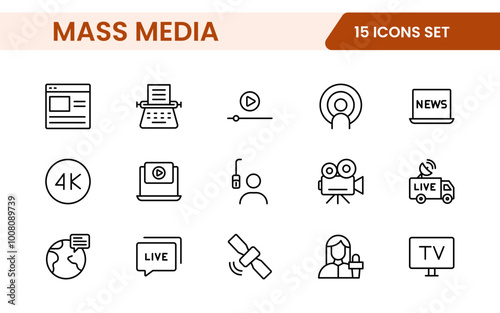 Mass media outline vector icons large set isolated on white background. media business concept. Media outline icons set.