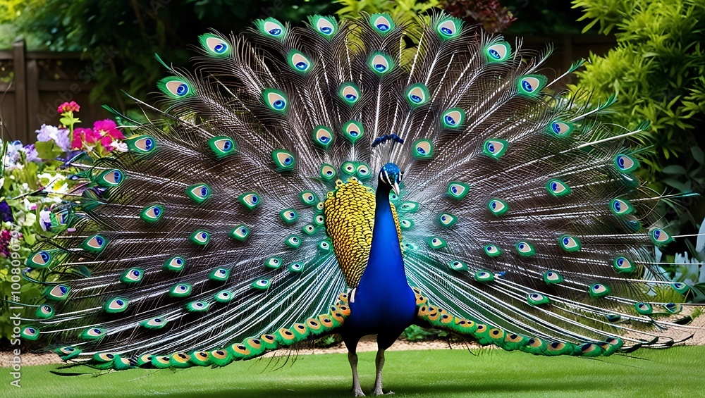 Obraz premium This captivating image showcases the vibrant beauty of a peacock proudly displaying its full, iridescent tail feathers in a lush garden brimming with flowers and greenery.