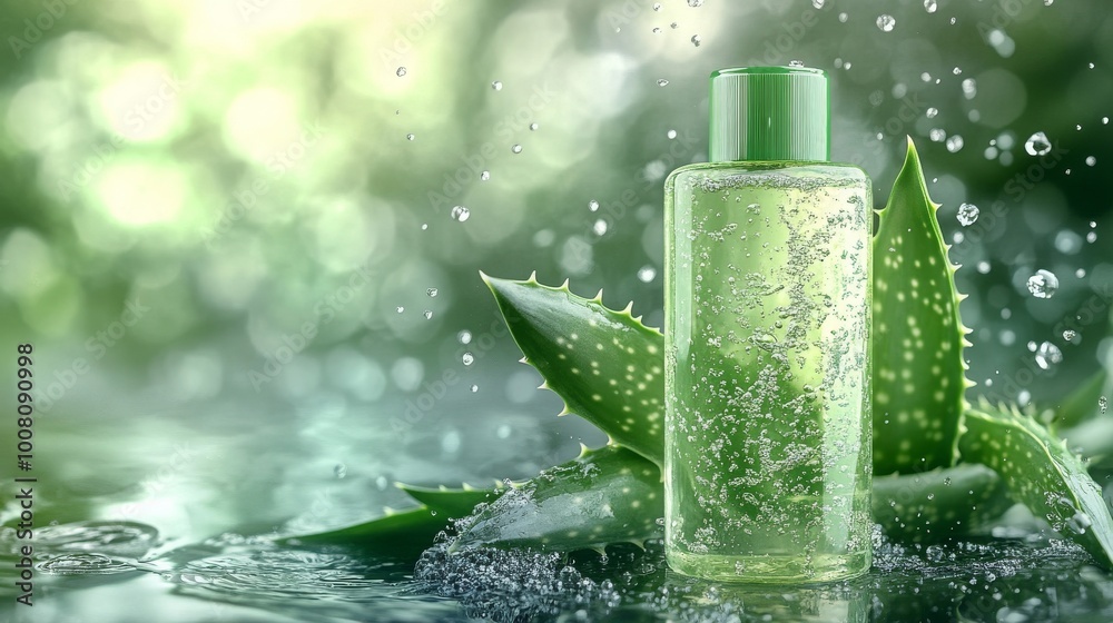 bottle with an aloe vera leaf and green background, copy and text space, 16:9 bottle with an aloe vera leaf and green background, copy and text space, 16:9
