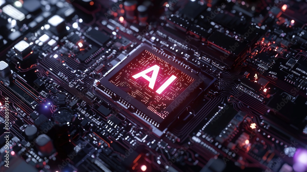 Obraz premium Glowing AI Chip on Circuit Board