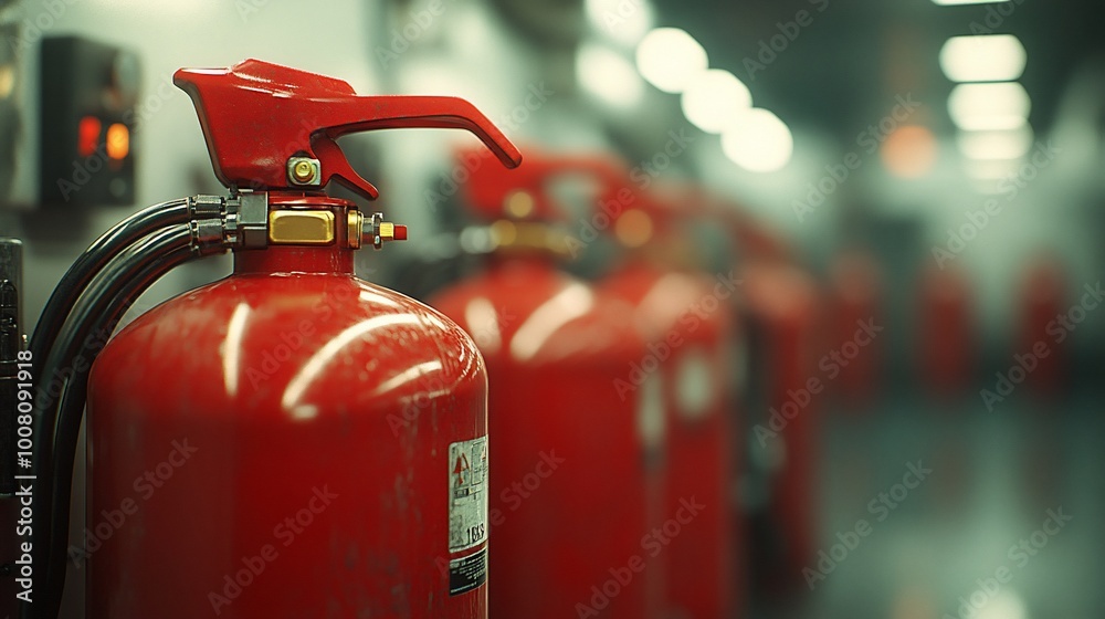 Red fire extinguishers in a row, close up. Red fire extinguishers in a row, close up.