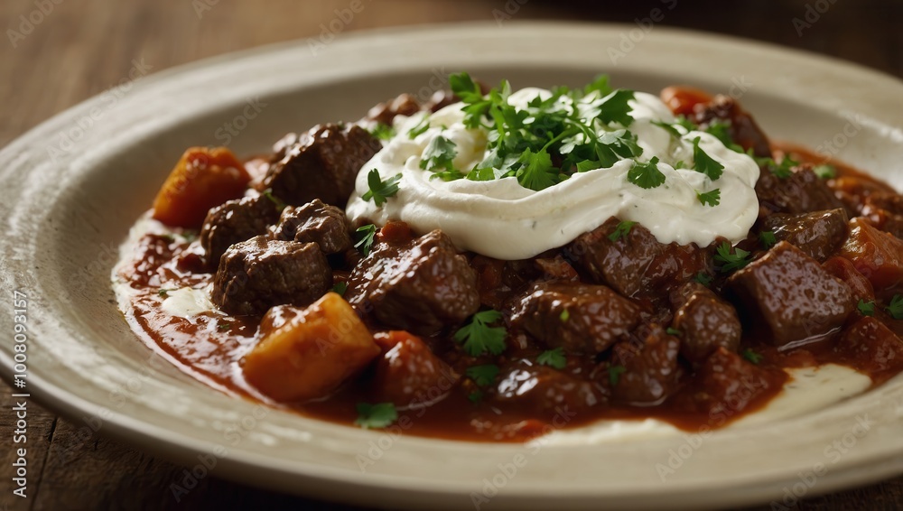 Slow-Cooked Beef with Mashed Potatoes and Sour Cream Slow-Cooked Beef with Mashed Potatoes and Sour Cream
