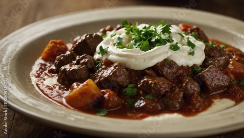 Slow-Cooked Beef with Mashed Potatoes and Sour Cream