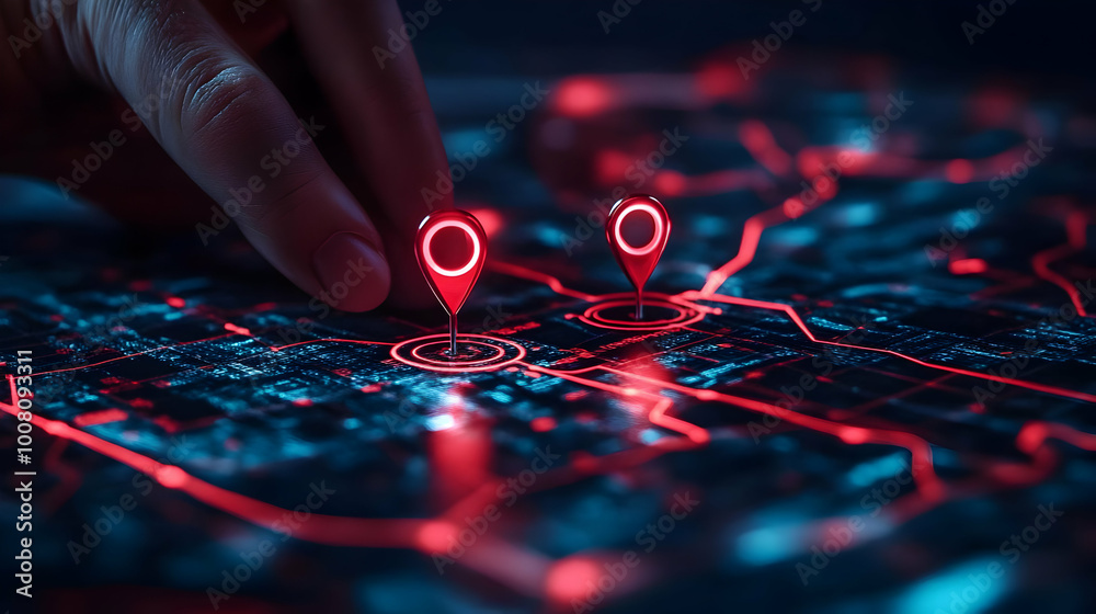 Naklejka premium Finger Selecting Red Location Pin on Futuristic Digital Map Display.