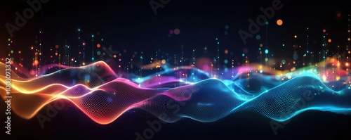 Futuristic digital landscape with multicolored waves symbolizing abstract data flow illuminated by glowing dots, evoking concepts of artificial intelligence, machine learning, quantum computing, 