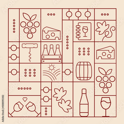 Wine pattern with  wine glasses, wine bottles, cheese, corkscrew, cork and abstract design elements in simple geometric style. Good for branding, decoration of wine package, cover design, menu.
