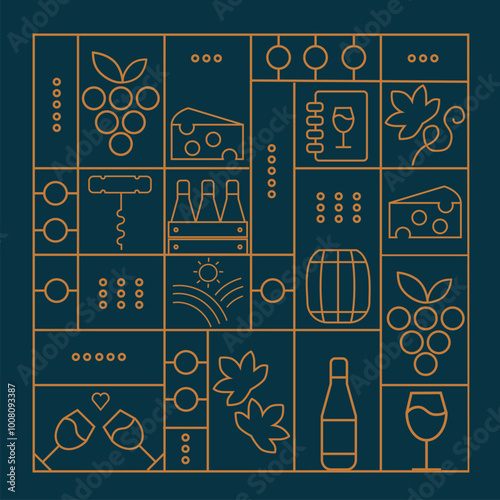 Wine pattern with  wine glasses, wine bottles, cheese, corkscrew, cork and abstract design elements in simple geometric style. Good for branding, decoration of wine package, cover design, menu.
