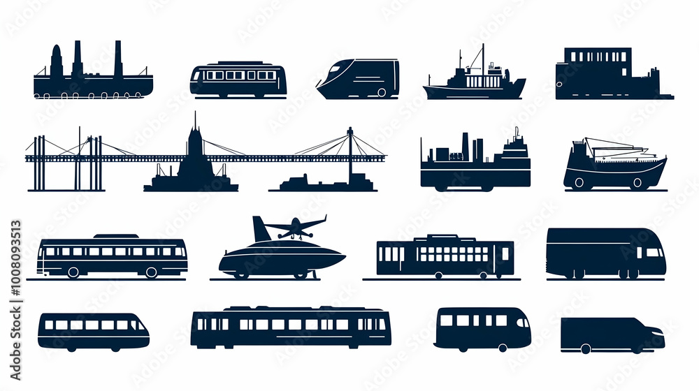 Set of City Public Transportation Silhouettes with Various Vehicles and Infrastructure Set of City Public Transportation Silhouettes with Various Vehicles and Infrastructure