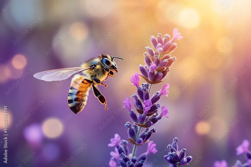 A bee in flight approaches a lavender flower in a field of lavender. A bee in flight approaches a lavender flower in a field of lavender.