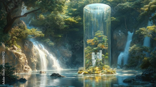 Enchanted landscape with a tower surrounded by lush nature.