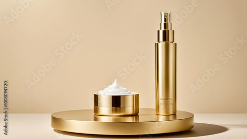 Gold round cylinder plastic cosmetic bottle with sample cream and spray bottle on shiny golden products stand podium showcase against beige scene background