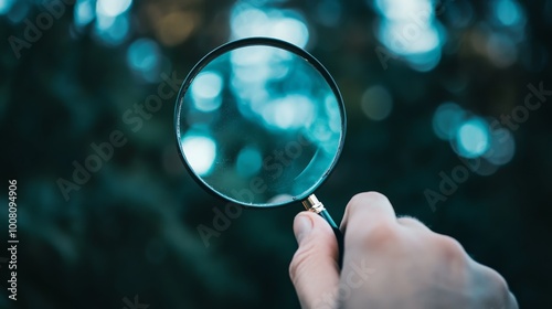 A hand holding a magnifying glass, focusing on blurred natural backgrounds, conveying curiosity and exploration.