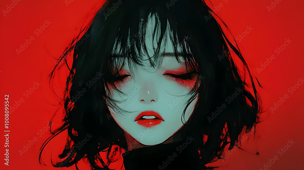 Anime Girl with Closed Eyes and Red Lips, Abstract Art Background Animation Anime Girl with Closed Eyes and Red Lips, Abstract Art Background Animation