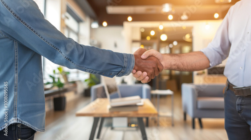 Two businessmen shaking hands in a modern office, symbolizing a successful merger and collaboration, professional handshake in corporate environment.