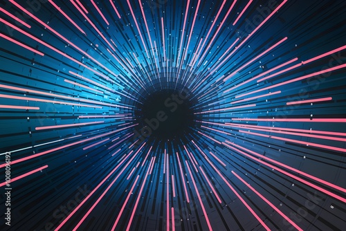 Radial blue pink lines emanate from center, hyperspace tunnel effect, dark background