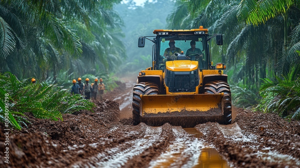 Heavy machinery clearing a muddy path in a palm plantation. Heavy machinery clearing a muddy path in a palm plantation.