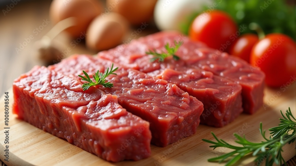 a cutting board with meat and vegetables on it. a cutting board with meat and vegetables on it.