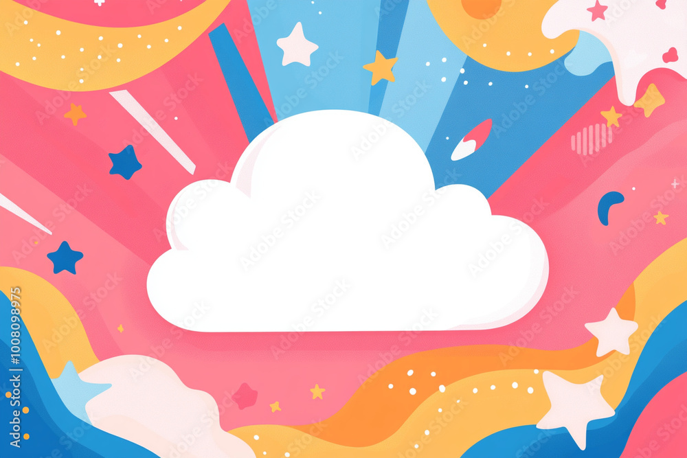 A large white cloud is centered in vibrant illustration filled with colorful swirls, stars, and playful shapes, creating cheerful and whimsical atmosphere A large white cloud is centered in vibrant illustration filled with colorful swirls, stars, and playful shapes, creating cheerful and whimsical atmosphere