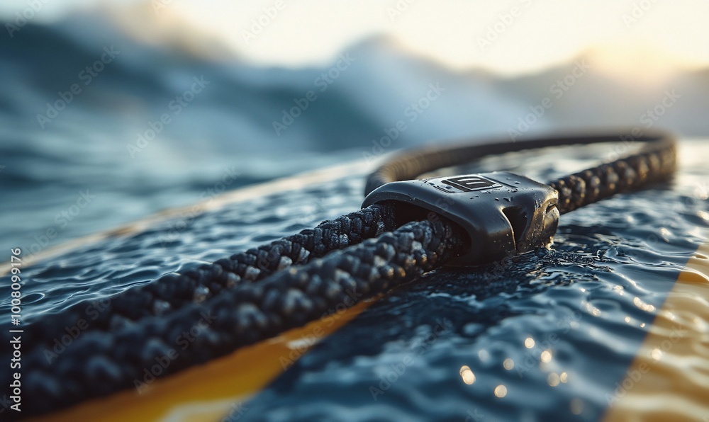 Close up of a black leash attached to a surfboard with the ocean in the background. Close up of a black leash attached to a surfboard with the ocean in the background.