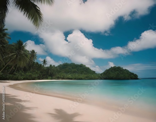 Tropical beach with white sand, crystal clear turquoise water, palm trees, and blue sky, tranquil island paradise, tropical vacation destination, sunny peaceful beach scene