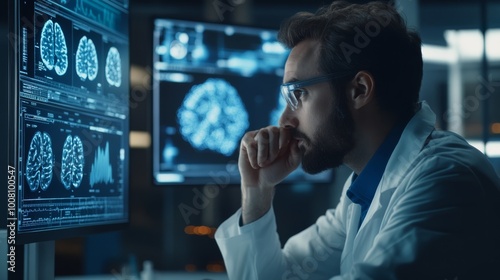 A focused scientist examines brain scans on multiple screens, showcasing advanced medical technology and research.