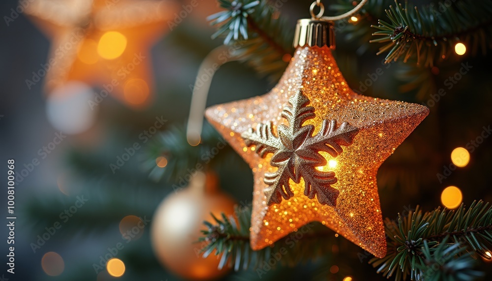 Glittery star ornament adorned with snowflake embellishments captured in a detailed close-up perfect for holiday decor. Glittery star ornament adorned with snowflake embellishments captured in a detailed close-up perfect for holiday decor.