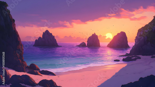 Seagull Birds Flying Over the Ocean at Sunset with Rocky Cliffs and a Sandy Beach - Abstract Sunset Landscape Animation