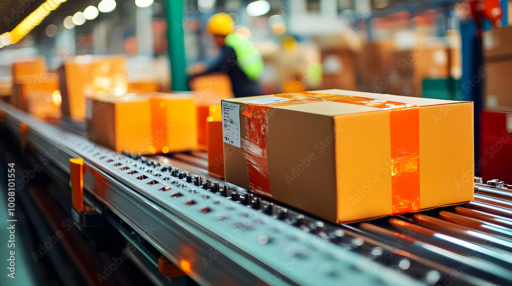 Close-up of a Cardboard Box Moving on a Conveyor Belt in a Warehouse, Showing the Efficiency of Modern Logistics Close-up of a Cardboard Box Moving on a Conveyor Belt in a Warehouse, Showing the Efficiency of Modern Logistics