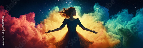 Woman in a blue dress stands with arms outstretched, surrounded by colorful clouds and stars.