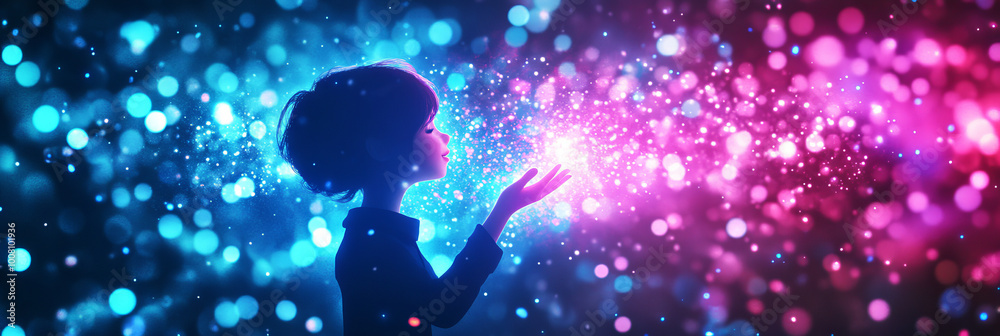 Young girl with glowing hands, magical blue and pink sparks. Young girl with glowing hands, magical blue and pink sparks.