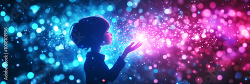 Young girl with glowing hands, magical blue and pink sparks.