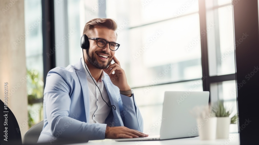 A cheerful young man in a light suit wearing headphones sits at a desk with a laptop, exuding professionalism and warmth in a modern office. A cheerful young man in a light suit wearing headphones sits at a desk with a laptop, exuding professionalism and warmth in a modern office.