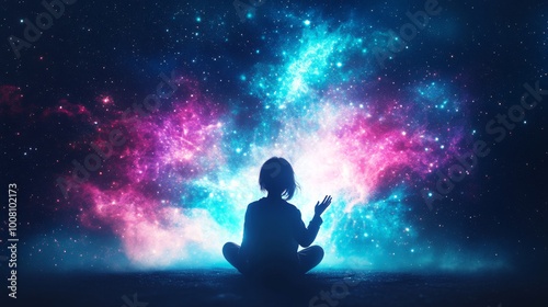 A woman sits in meditation, bathed in the glow of a cosmic nebula.