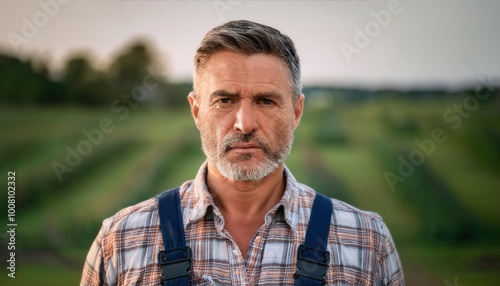Portrait of a Young Farmer in the Countryside. Confident Man in Plaid Shirt and Overalls Standing in a Lush Agricultural Field, Softly Lit by the Golden Glow of an Early Evening Sunset