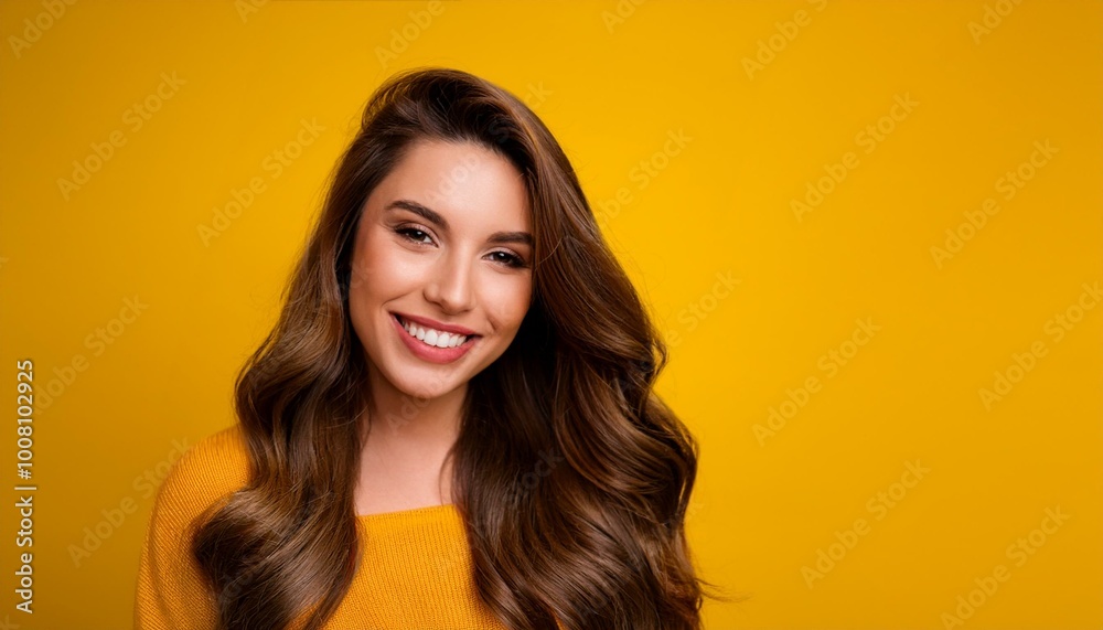 Smiling woman with long brown hair on yellow background Smiling woman with long brown hair on yellow background